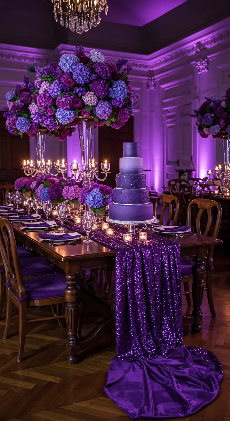 Table de fête violette avec grands bouquets de fleurs, chemin de table pailleté et gâteau à étages.