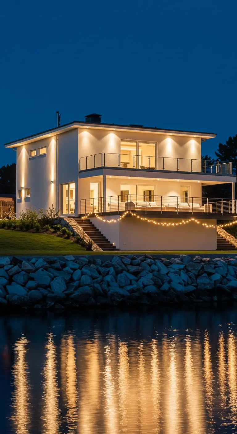 Maison moderne en bord de mer avec éclairage de façade et guirlandes lumineuses reflétées sur l'eau.