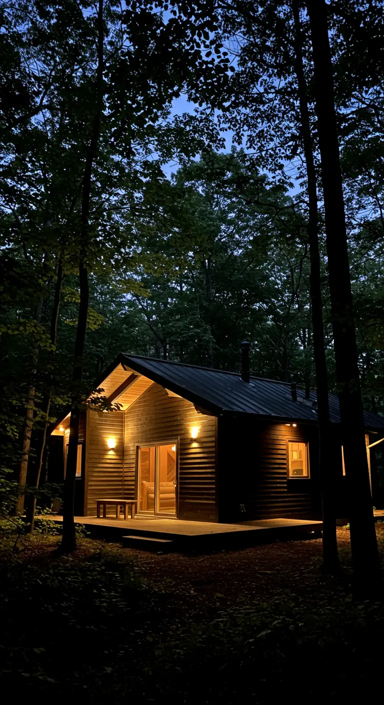 Cabane en bois dans une forêt sombre, éclairée par des appliques murales sur la façade la nuit.