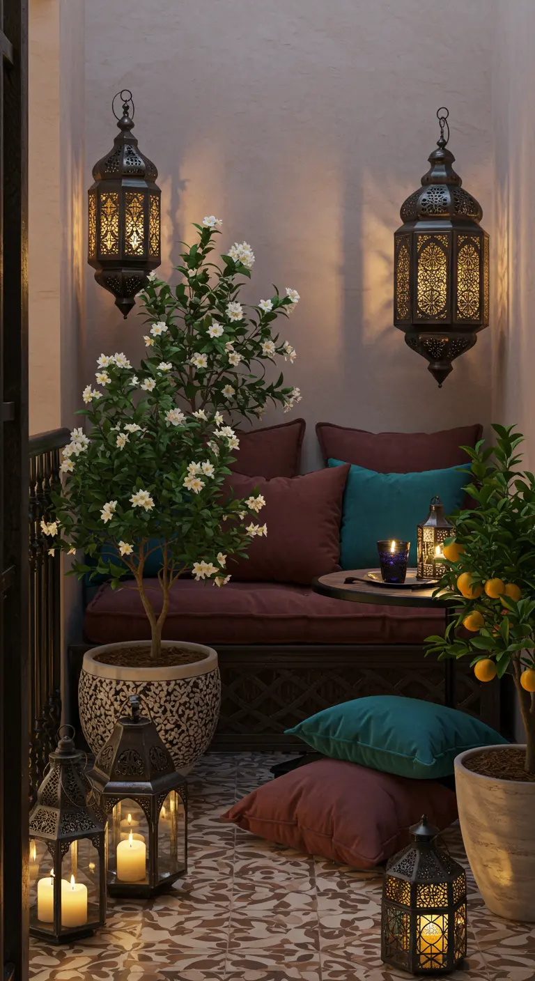 Balcon d'inspiration marocaine avec canapé, coussins bordeaux et bleu, lanternes et arbres en pot.