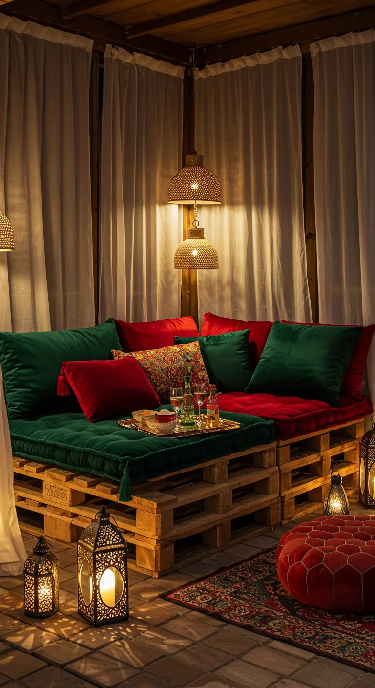 Salon en palettes avec coussins en velours rouge et vert, lanternes orientales et voilages, créant une ambiance mystique.