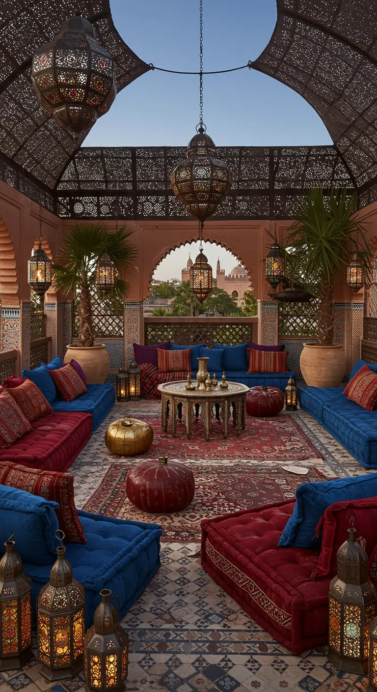 Terrasse d'inspiration marocaine avec banquettes colorées, tapis, poufs et nombreuses lanternes.