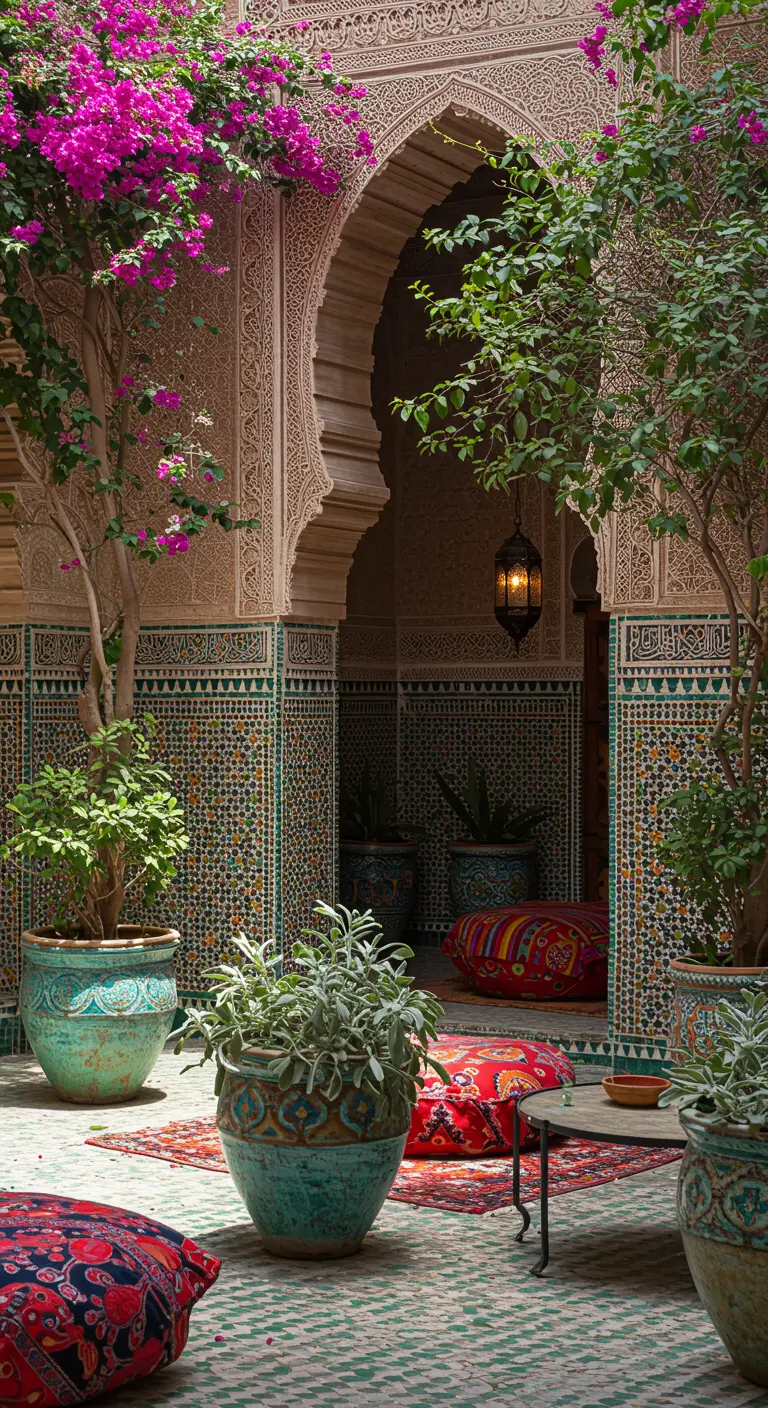 Cour marocaine avec des pots turquoises ornés, bougainvillier et coussins colorés.