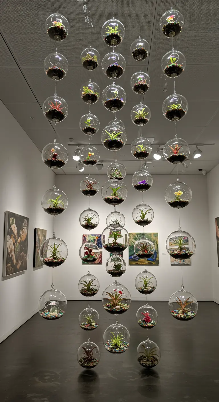 Immense installation artistique de dizaines de terrariums sphériques en verre avec plantes variées, suspendus dans une galerie d'art.