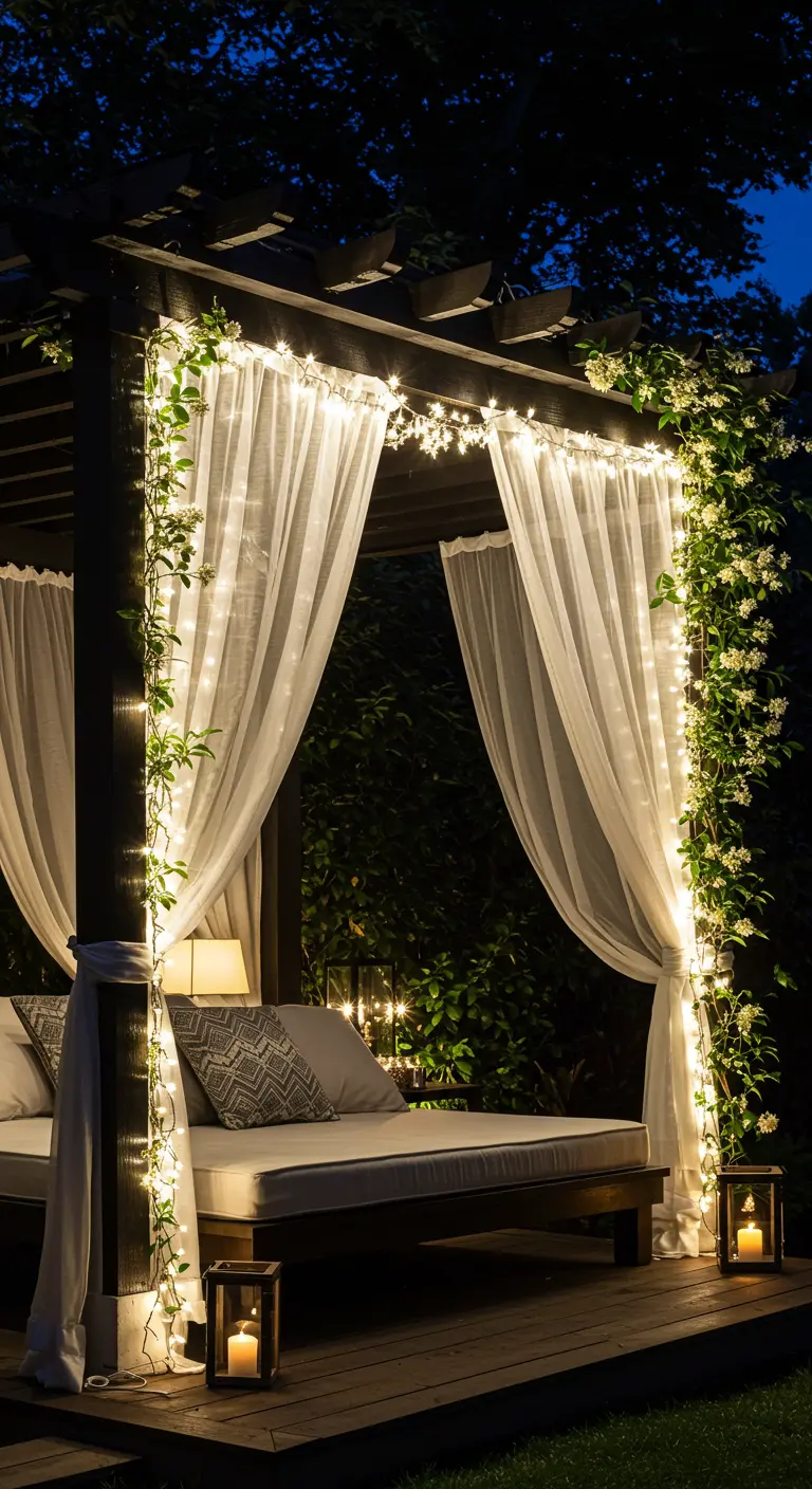 Pergola en bois sombre avec rideaux blancs, guirlandes lumineuses et plantes grimpantes éclairées.