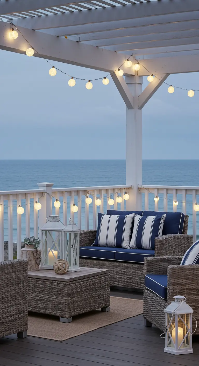 Terrasse en bord de mer avec mobilier de jardin en rotin et guirlandes lumineuses à globes blancs.