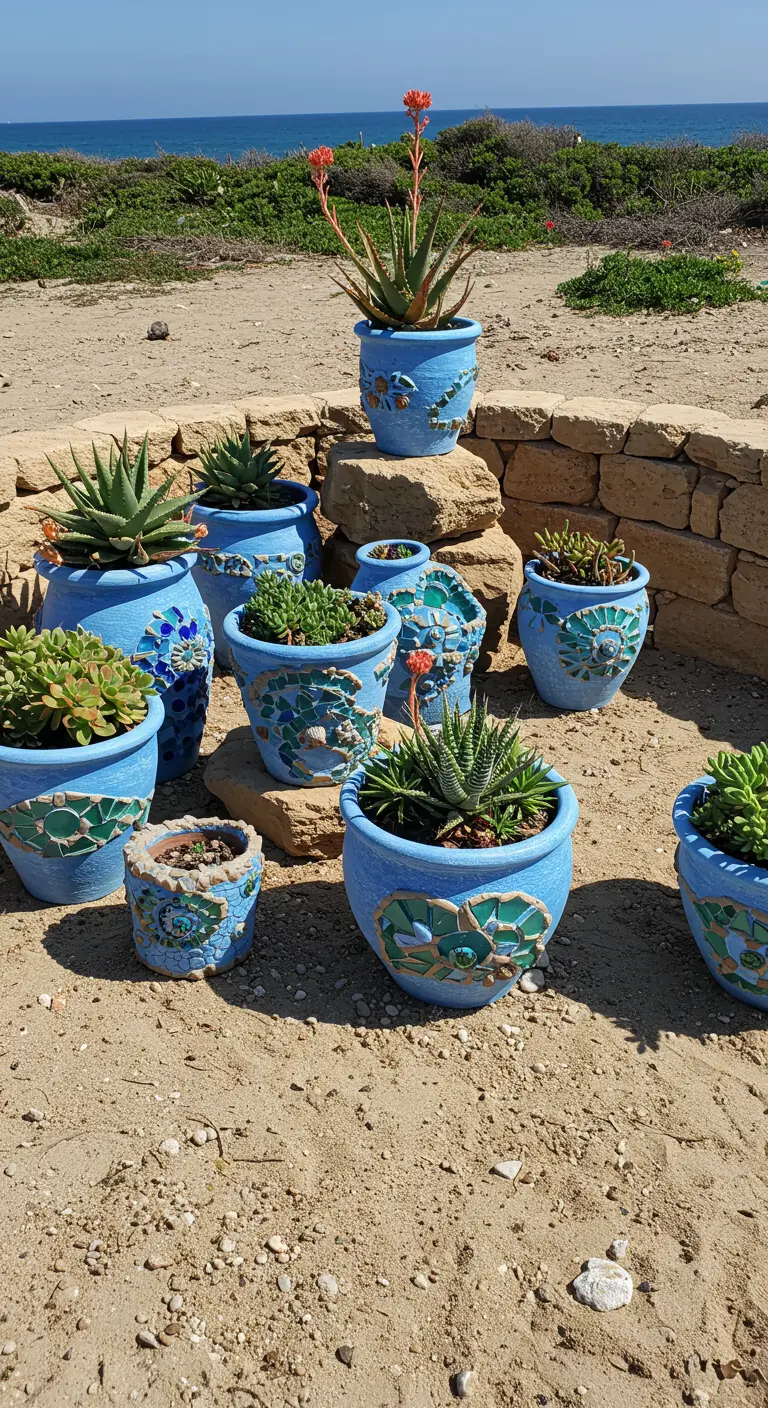 Zone sablonneuse près de la côte avec des pots bleu clair et mosaïque remplis de succulentes.