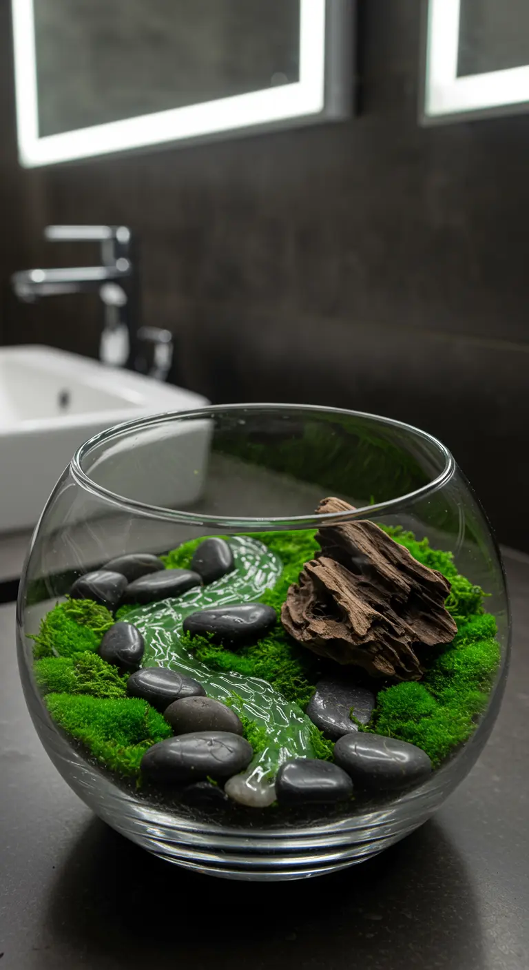 Terrarium ouvert dans un bol en verre avec mousse verte, galets noirs formant une rivière et un morceau de bois flotté.