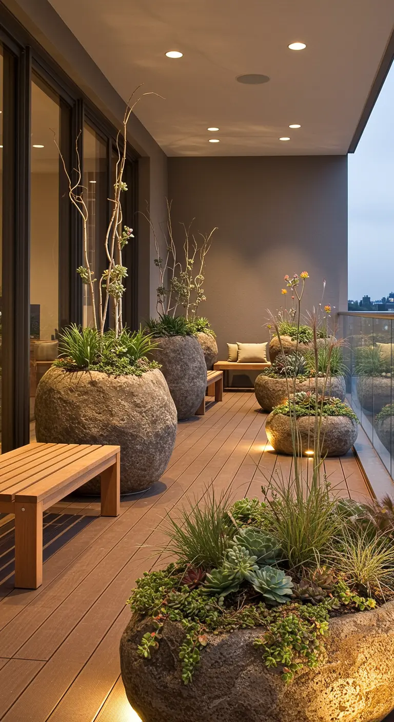 Grande terrasse avec pots géants en forme de roche, plantes grasses et éclairage de sol.