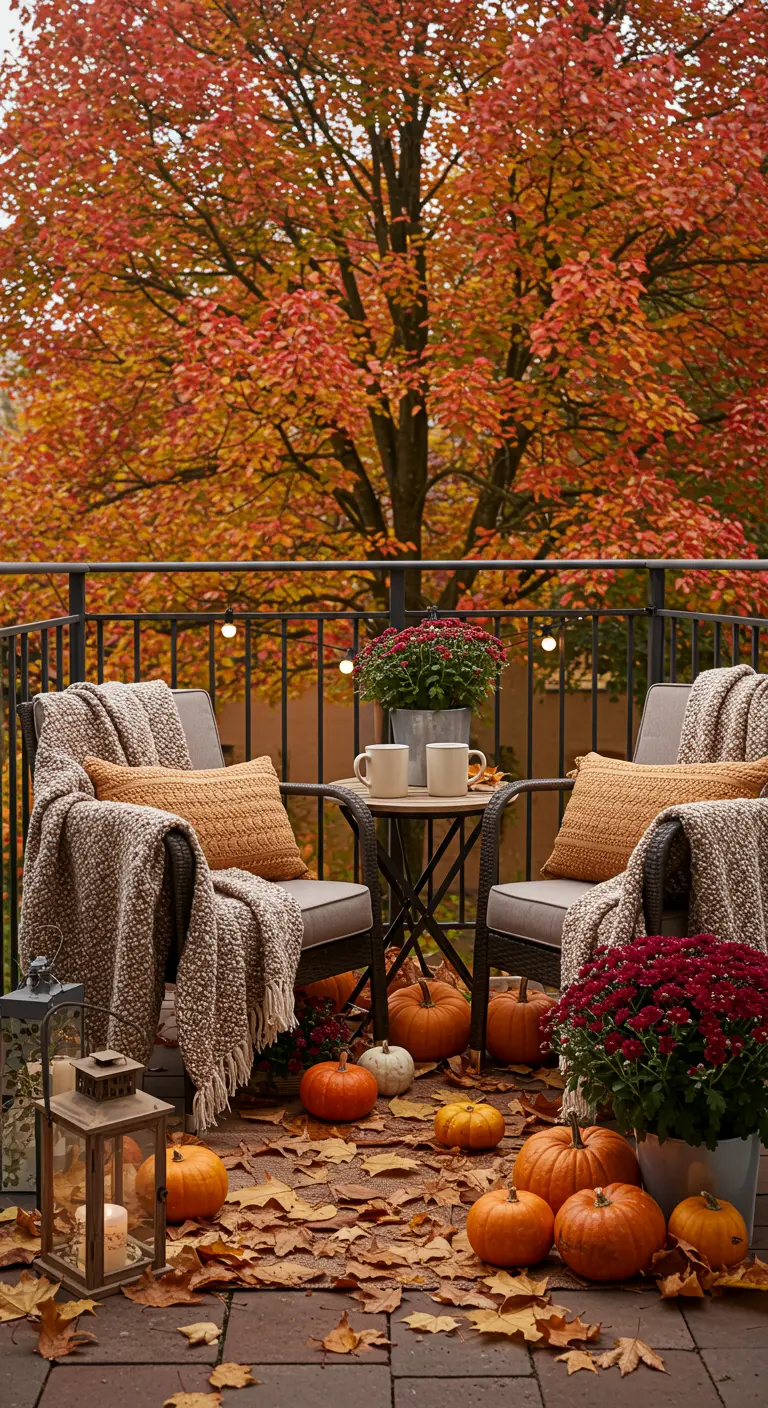 Petit balcon avec table bistrot, plaids chauds, citrouilles, lanternes et un arbre aux feuilles d'automne en arrière-plan.