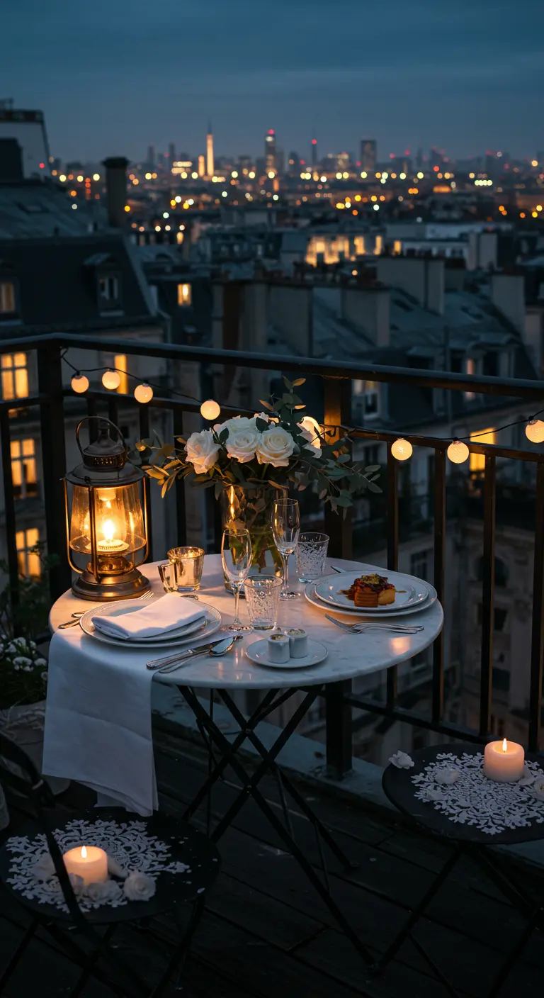 Dîner romantique sur un petit balcon parisien avec vue sur la ville, une lanterne et des roses blanches.