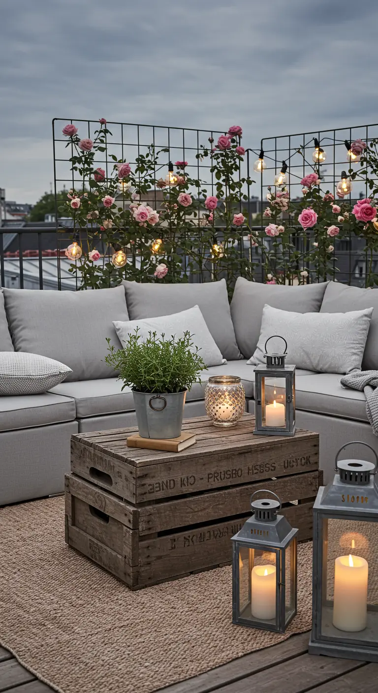 Terrasse avec canapé gris, caisses en bois, roses grimpantes, guirlande lumineuse.