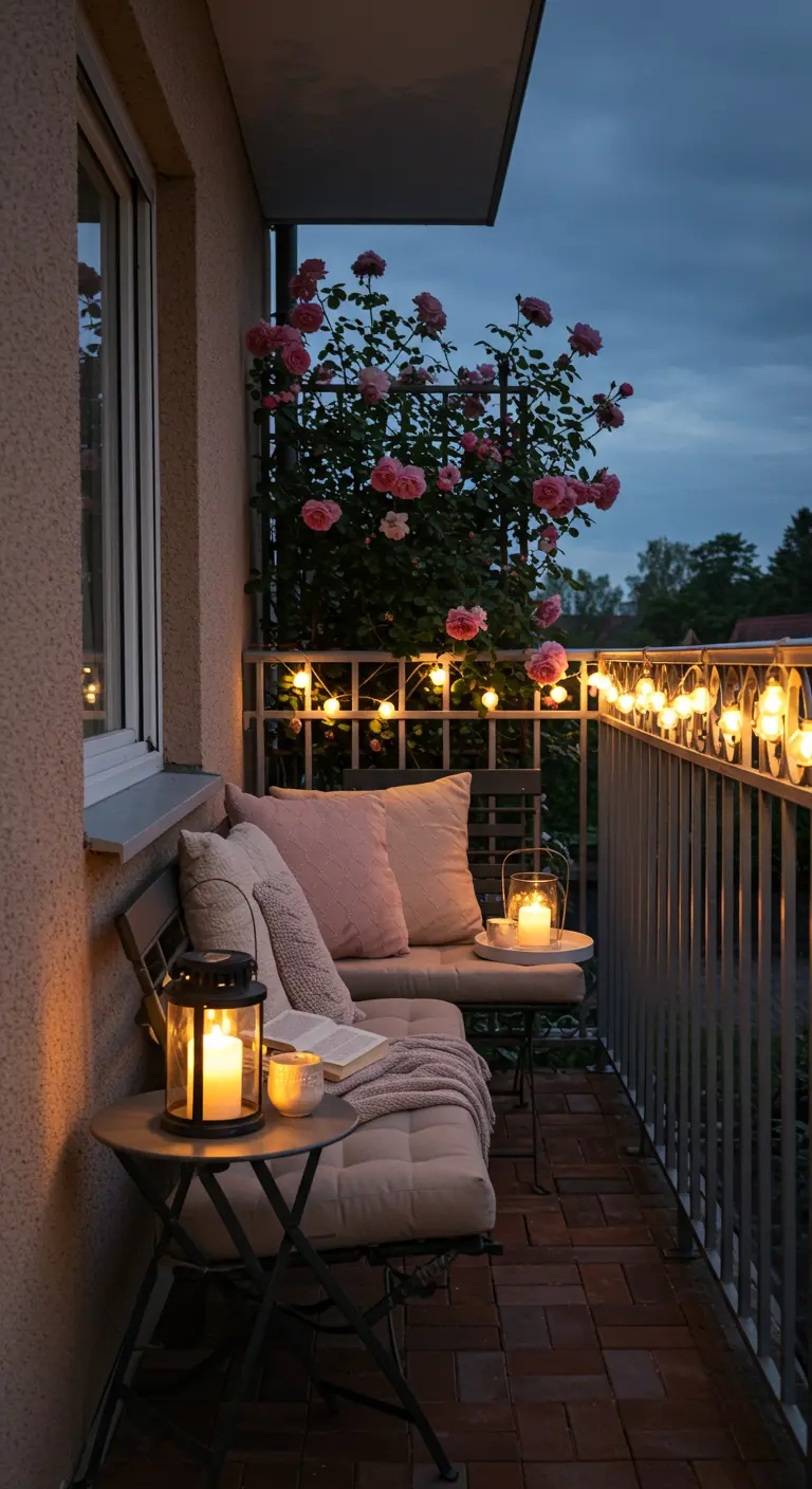 Balcon romantique avec rosier grimpant, banc, coussins roses, guirlandes lumineuses et lanternes bougies.