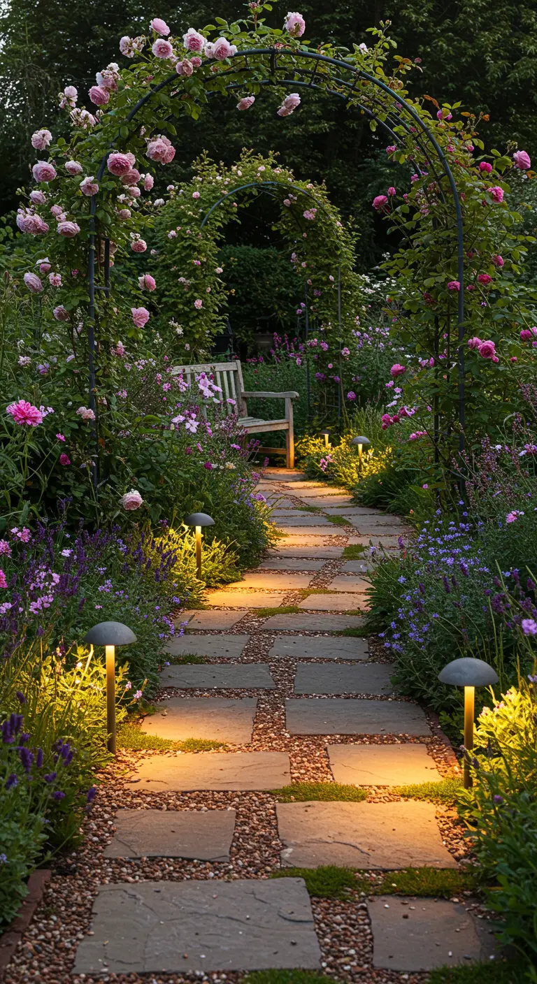 Allée sinueuse de dalles et gravier dans un jardin anglais fleuri, éclairée par des balises rondes.