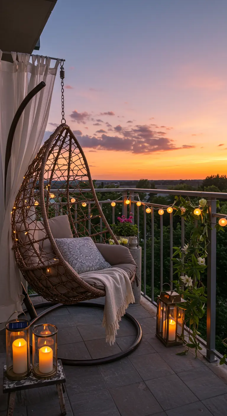 Balcon romantique avec balancelle suspendue, guirlandes lumineuses, bougies et plantes au coucher du soleil.