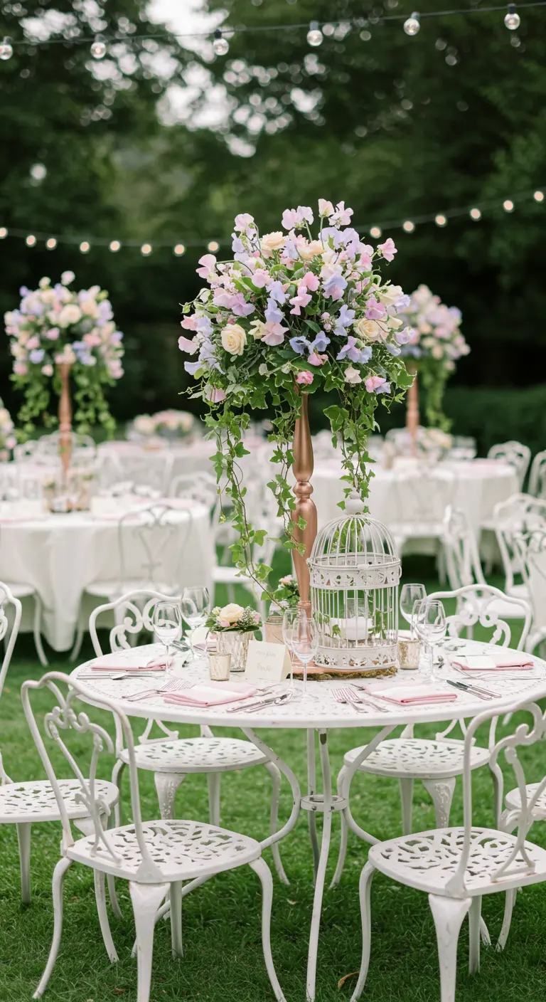 Table ronde en fer forgé blanc dans un jardin, avec un centre de table de fleurs pastel, feuillage et une volière décorative.