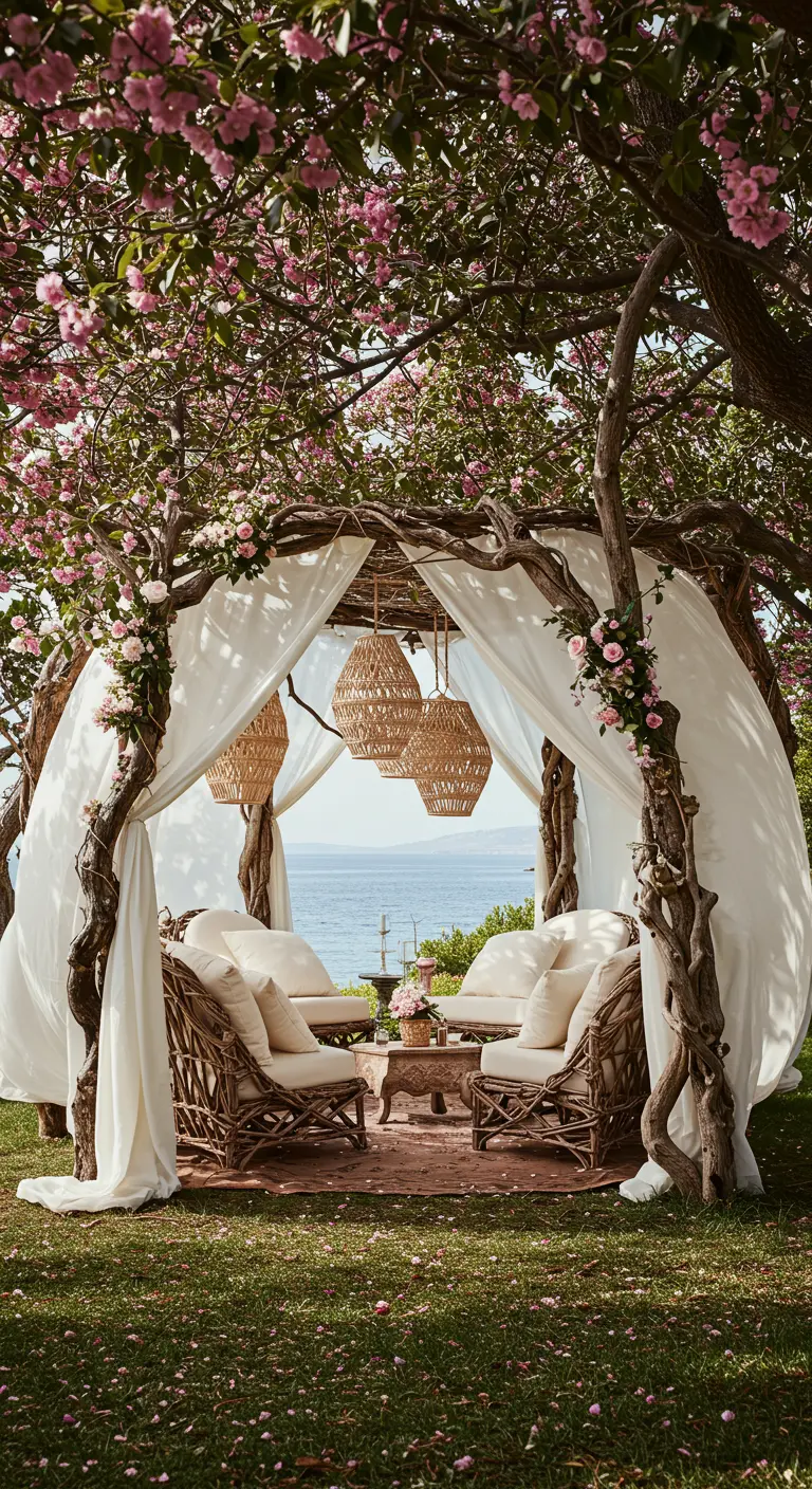 Pergola naturelle fleurie, voilages blancs, canapés en rotin, lanternes suspendues, vue mer.