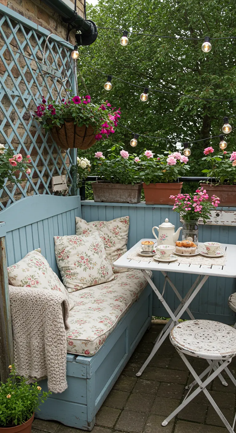 Balcon shabby chic avec banquette bleue, coussins fleuris, treillis blanc, roses et guirlande lumineuse.