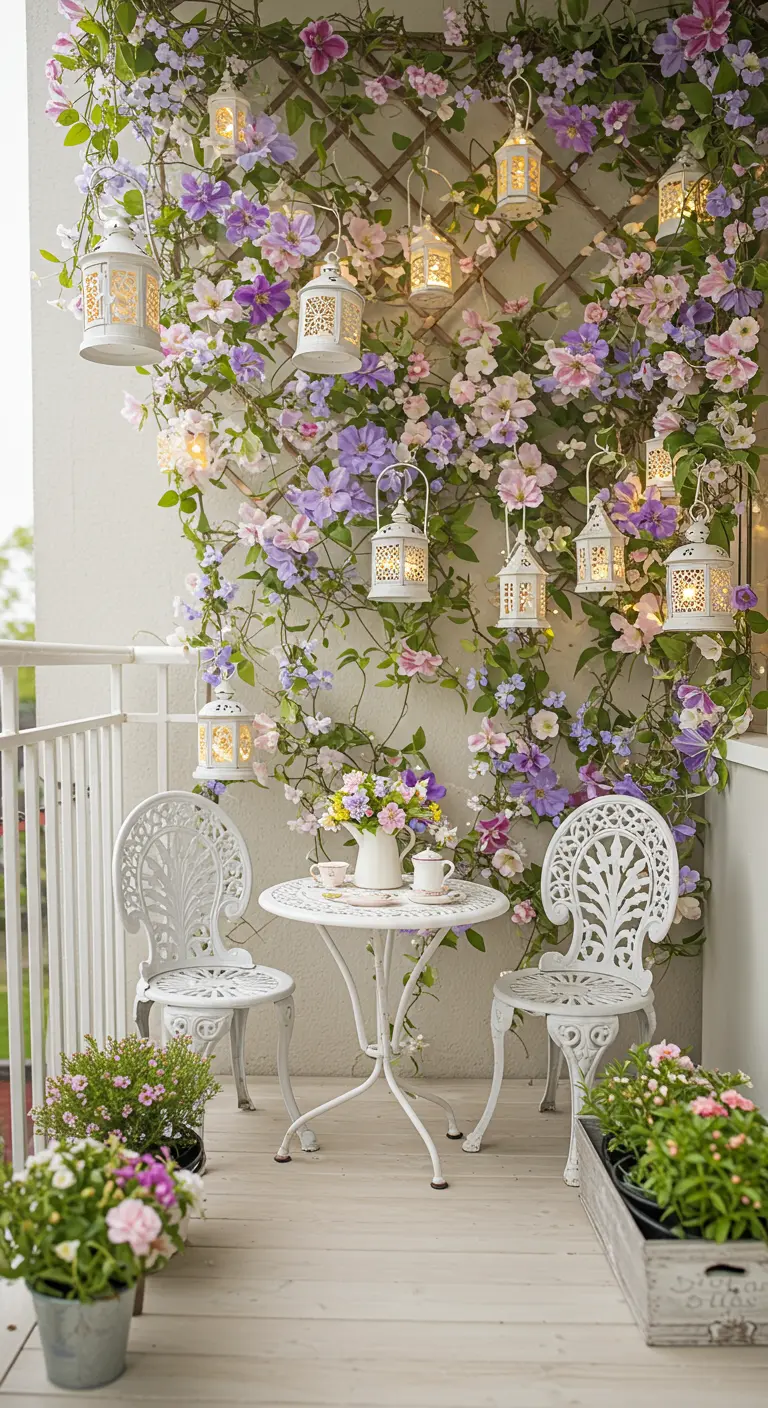 Balcon romantique avec treillis fleuri de clématites, mobilier en fer forgé blanc et lanternes.