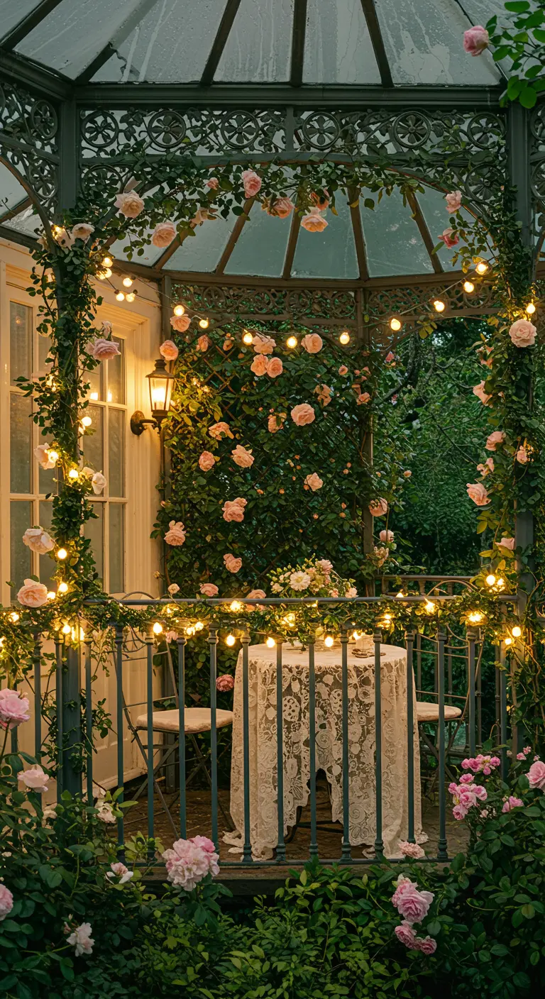 Gloriette romantique recouverte de roses grimpantes et de guirlandes lumineuses autour d'une table.