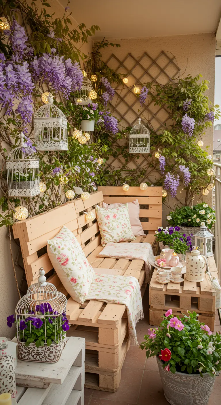 Balcon romantique avec glycine grimpante, banc en palettes, coussins fleuris et cages à oiseaux décoratives.