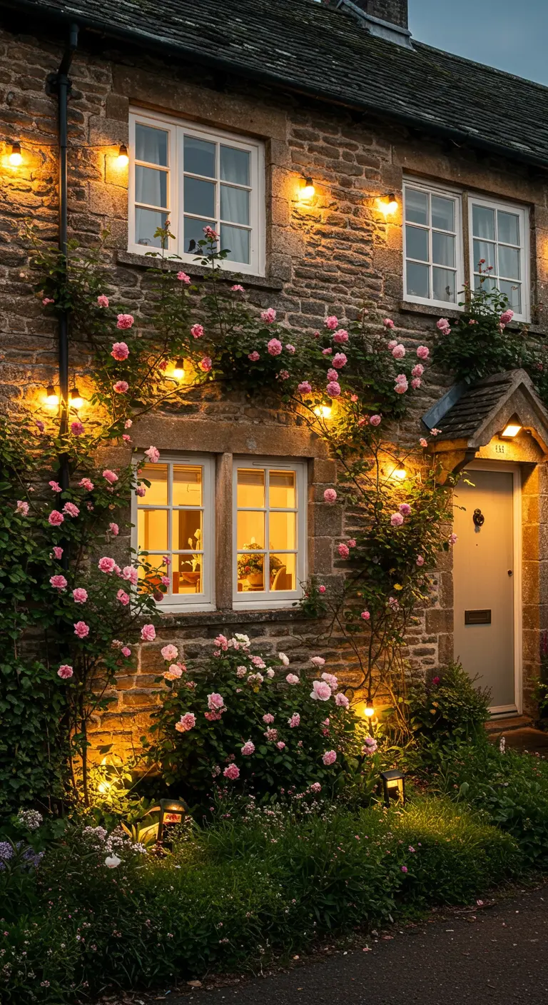 Petite maison en pierre avec rosiers grimpants, lanternes murales et spots lumineux.