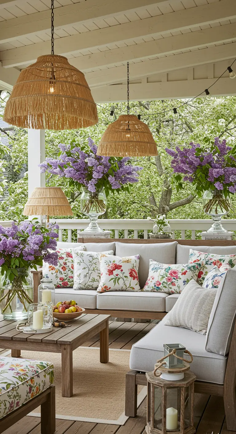 Terrasse couverte avec grand canapé, coussins fleuris, luminaires en paille et grands vases de lilas.