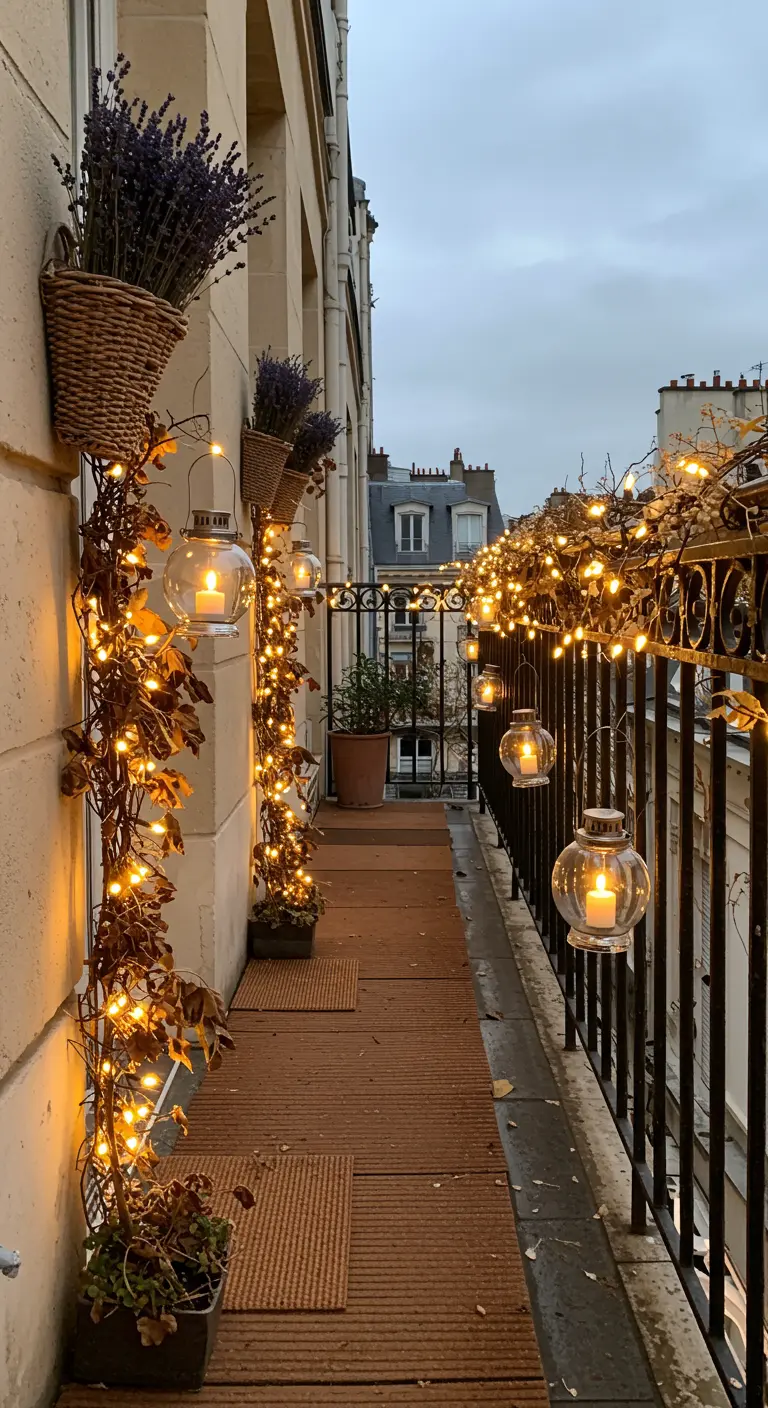 Balcon parisien avec guirlandes lumineuses sur la balustrade, plantes grimpantes et lanternes suspendues.
