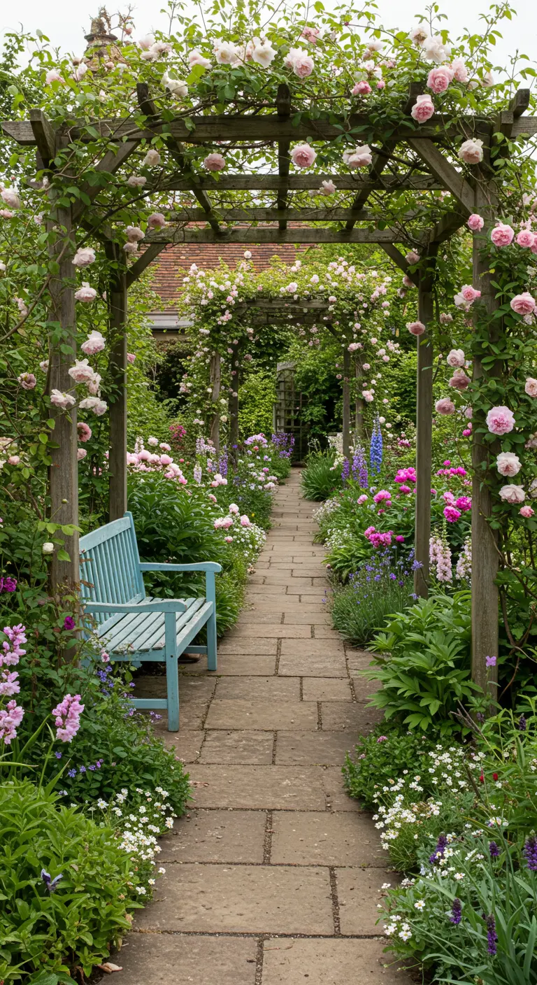 Pergola en bois couverte de roses roses, allée pavée, banc bleu clair, pivoines en fleurs.