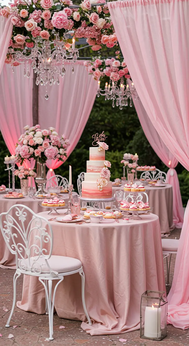 Fête extérieure monochrome rose poudré avec lustres, drapés en tissu, roses et gâteau à étages.