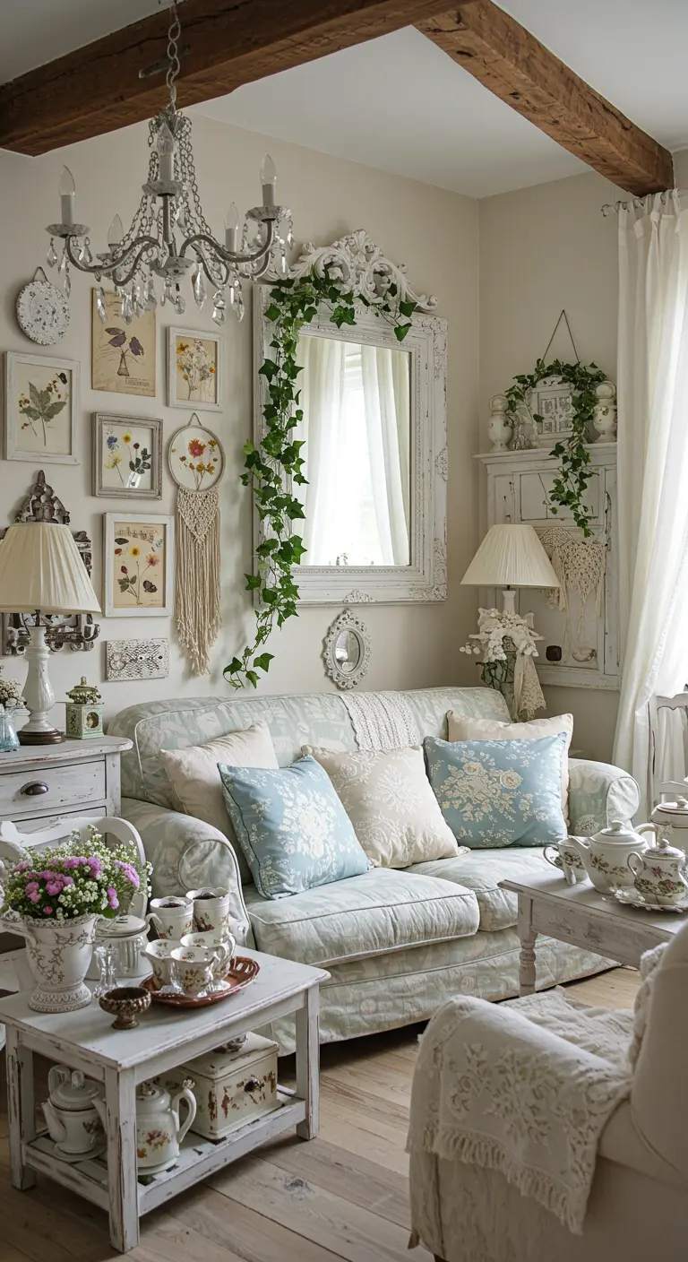 Salon shabby chic avec grand miroir blanc sculpté entouré de lierre, cadres botaniques et canapé fleuri.