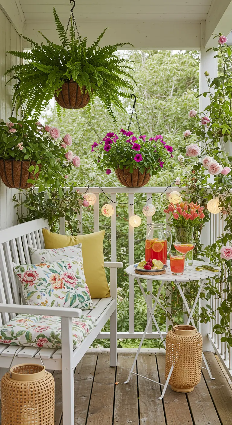 Balcon blanc avec banc fleuri, fougères suspendues et guirlande lumineuse.