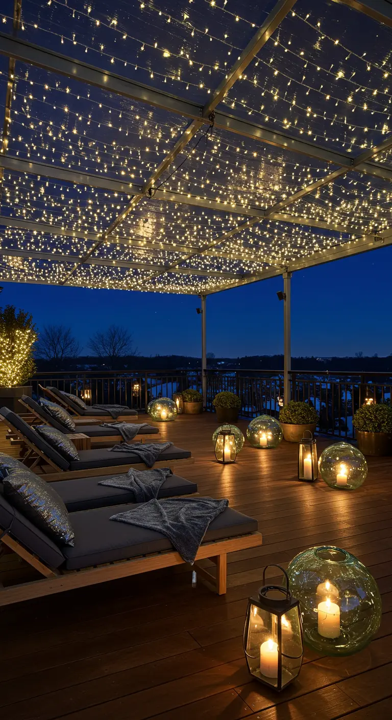 Toit-terrasse éclairé par un ciel de guirlandes lumineuses, transats et grandes lanternes.