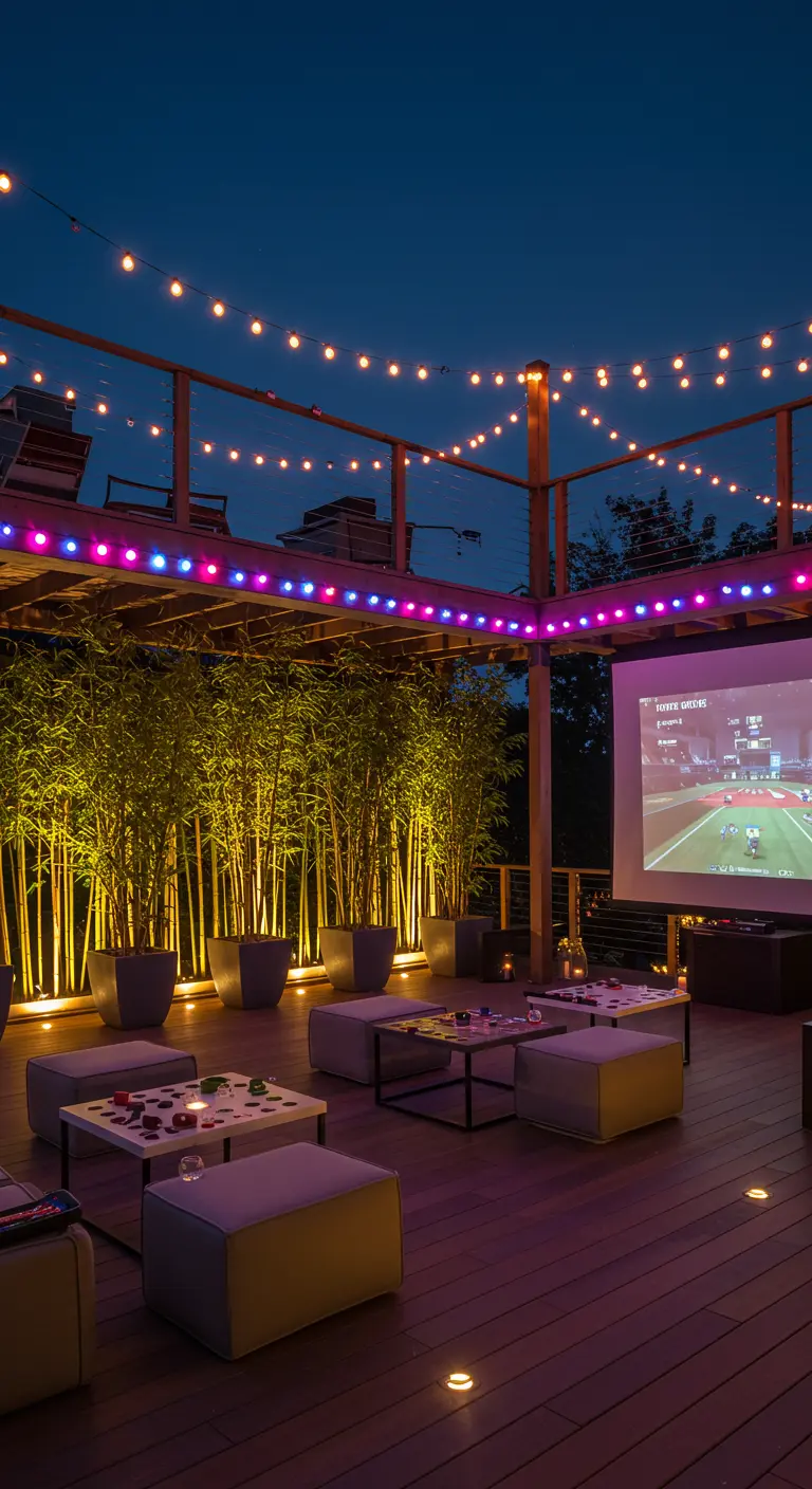 Rooftop moderne avec guirlandes lumineuses, bambous illuminés, projecteur et mobilier modulable.