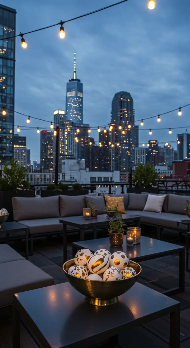 Toit-terrasse urbain avec guirlandes lumineuses et bol d'œufs décorés.