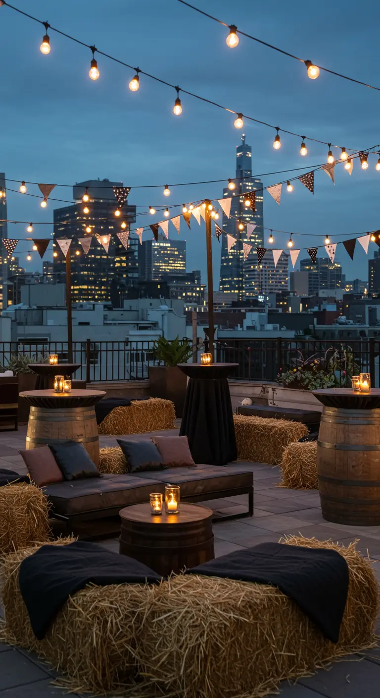 Toit-terrasse urbain avec vue sur la ville, bottes de foin, tonneaux, guirlandes lumineuses et fanions.