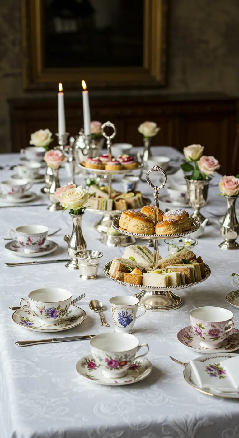 Table de thé anglaise avec nappe blanche, service en argent, mini roses et vaisselle florale.