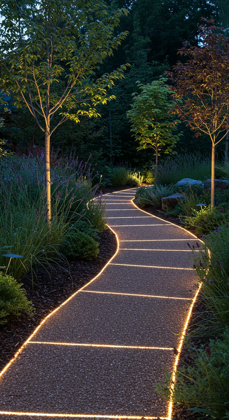 Chemin de gravier sinueux avec des bandes LED horizontales intégrées, entouré d'arbres.