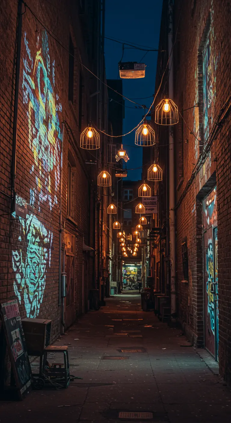 Ruelle sombre avec des murs en briques éclairés par des projections lumineuses colorées et des suspensions lumineuses géométriques.