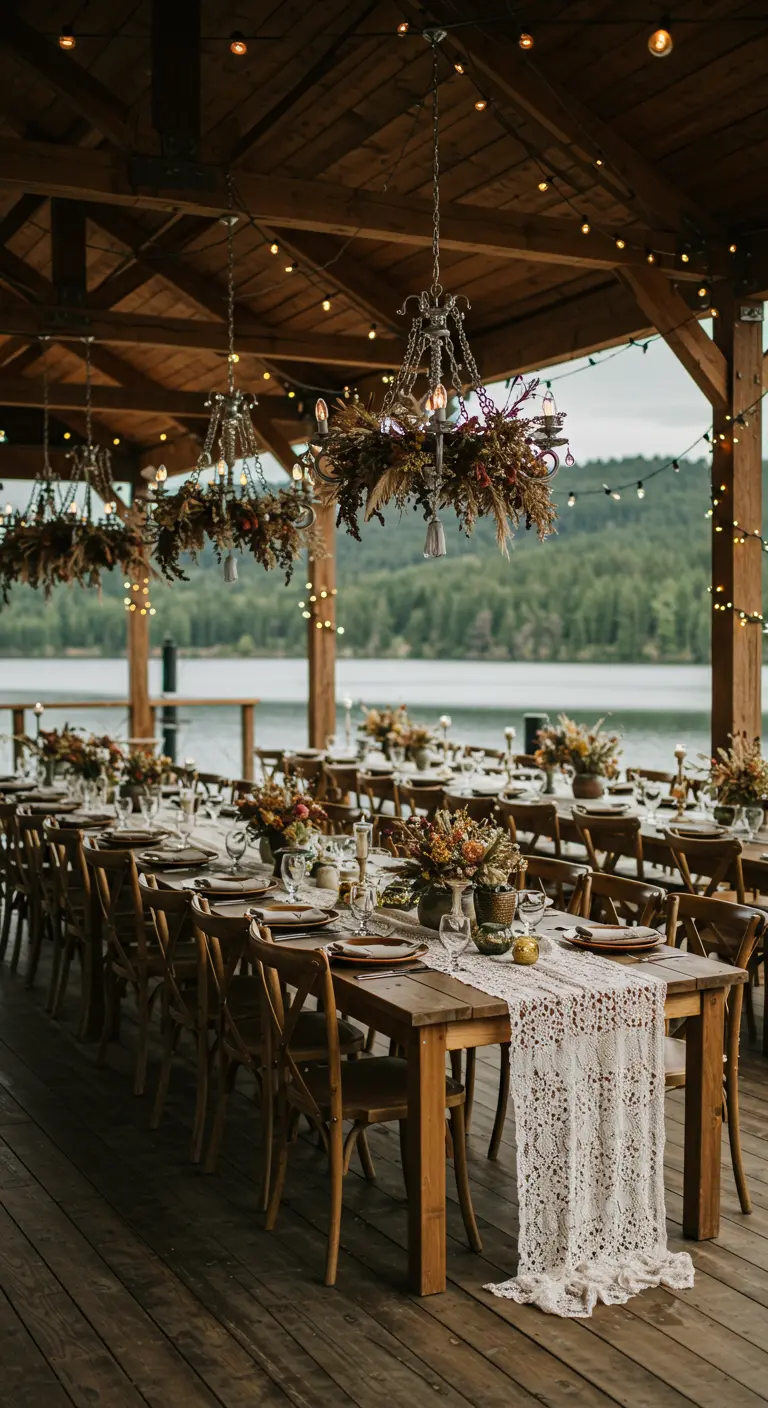 Réception en plein air avec tables en bois, chemins de table en dentelle, lustres de fleurs séchées.