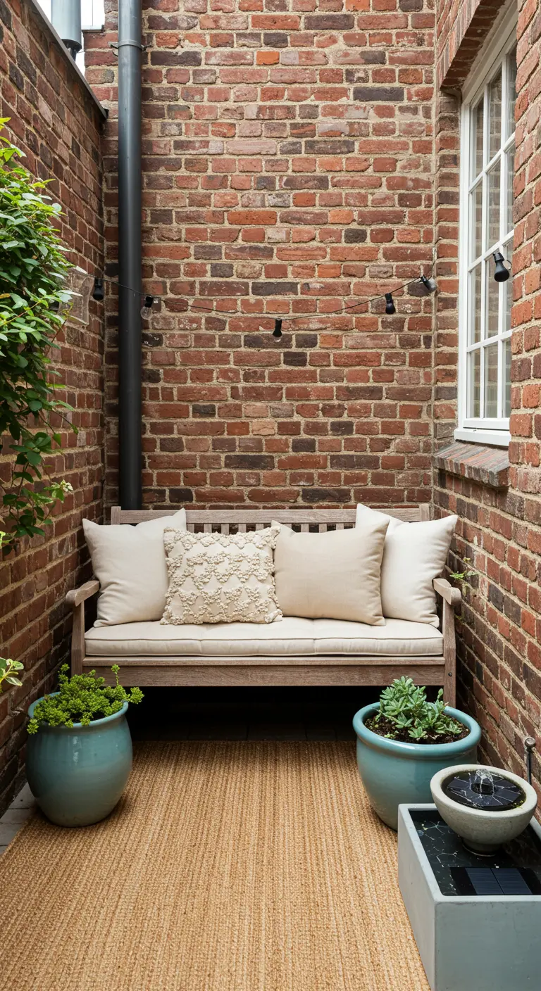 Coin terrasse rustique avec banc en bois, mur de briques, pots turquoise et tapis en jute.