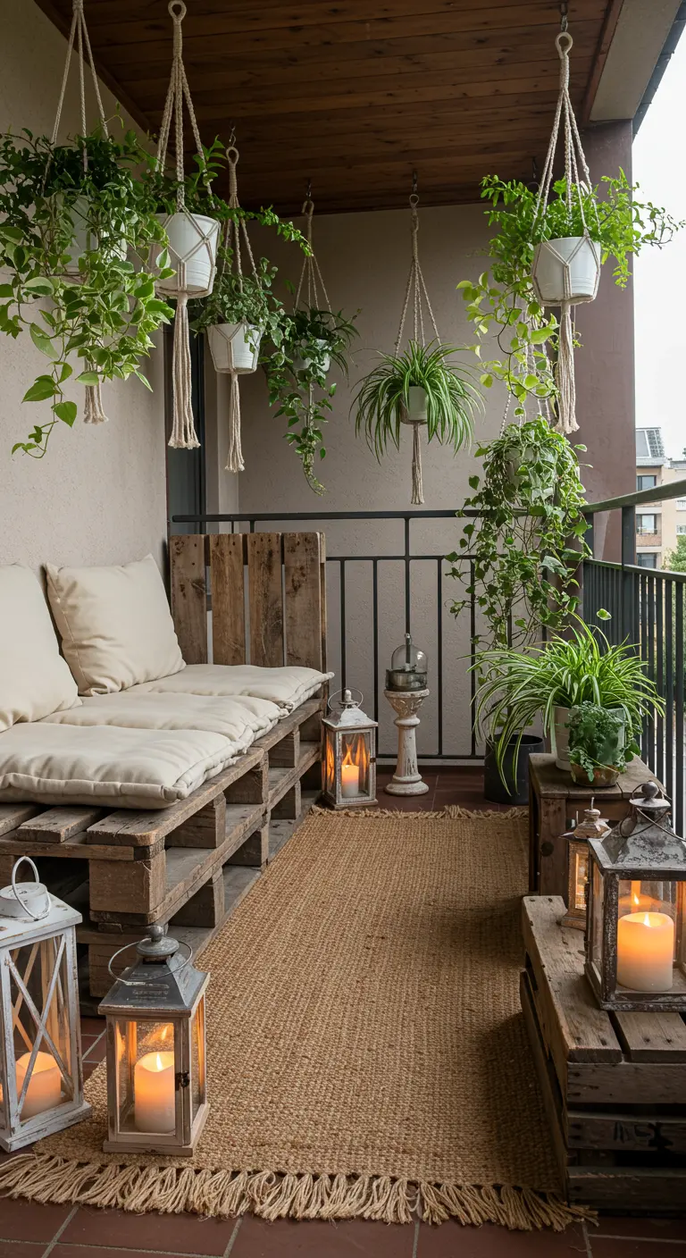 Balcon rustique avec banquette en palettes, tapis en jute et nombreuses lanternes