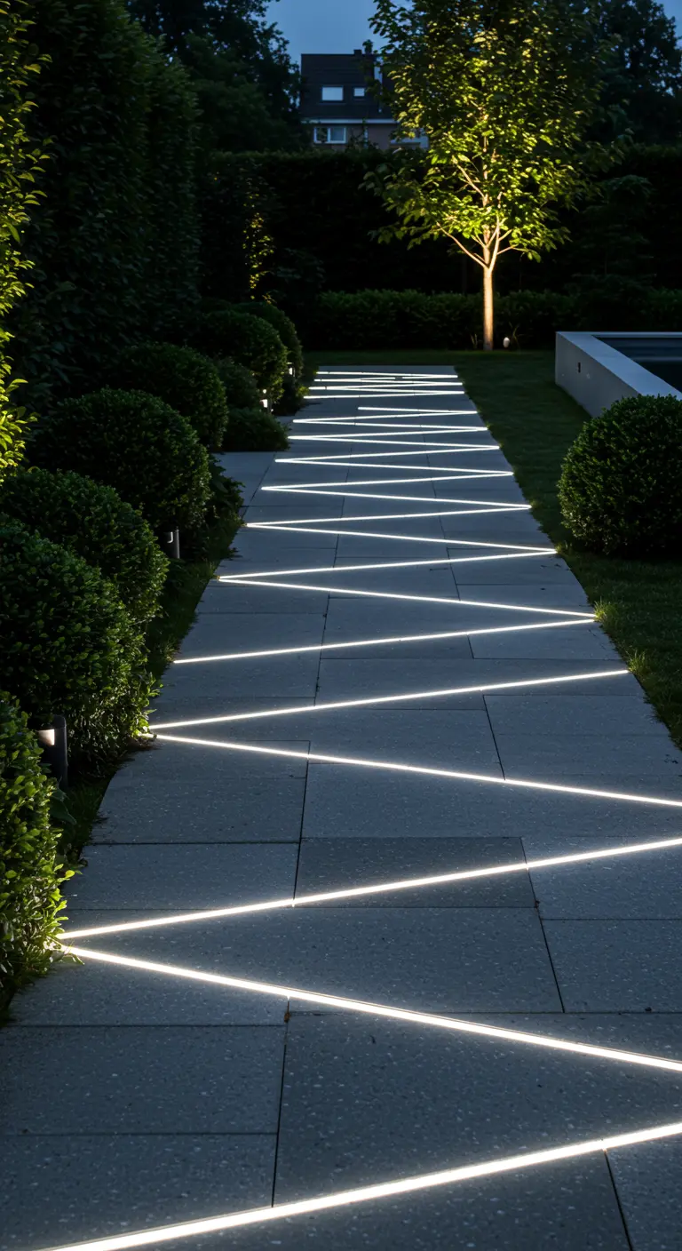 Allée en dalles grises avec des lignes LED lumineuses formant un motif zigzag audacieux.