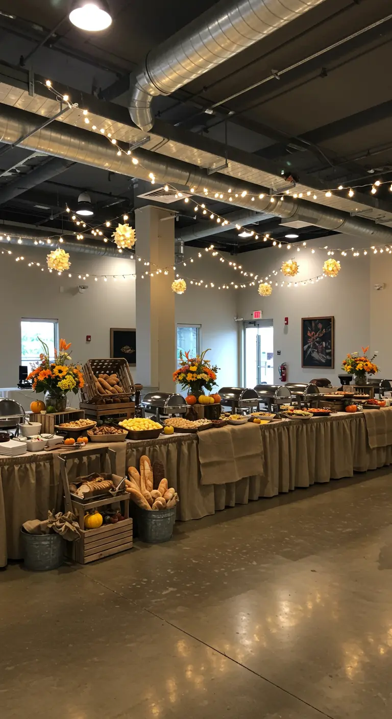 Grande salle de réception avec de nombreuses guirlandes lumineuses suspendues au plafond.