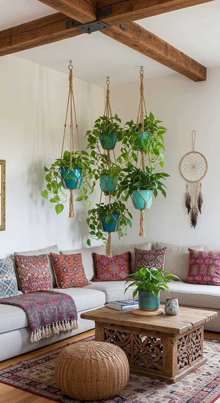 Salon bohème avec canapé, table basse en bois sculpté et pots bleus suspendus de plantes vertes luxuriantes.