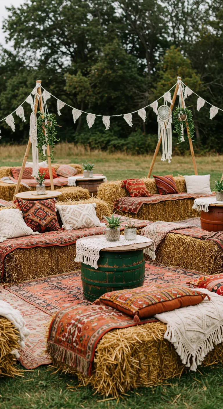 Salon extérieur bohème avec bottes de foin, tapis colorés, tonneaux verts, macramé et guirlandes.