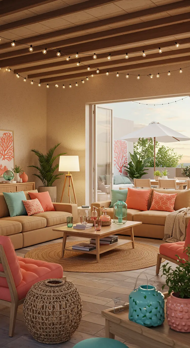 Salon d'été avec canapés couleur sable, coussins corail et menthe, tapis rond en jute et guirlandes lumineuses.