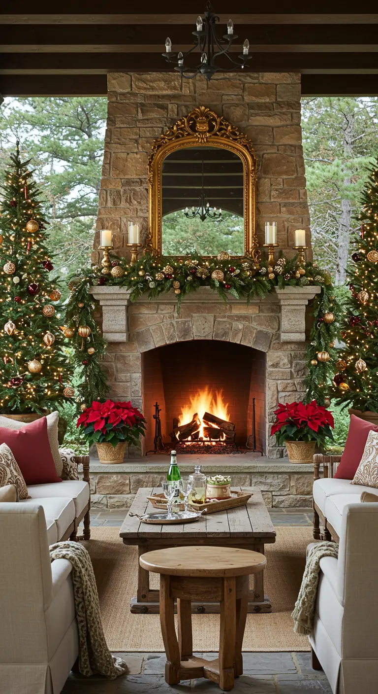 Salon d'extérieur avec grande cheminée en pierre, miroir doré, sapins décorés et poinsettias.