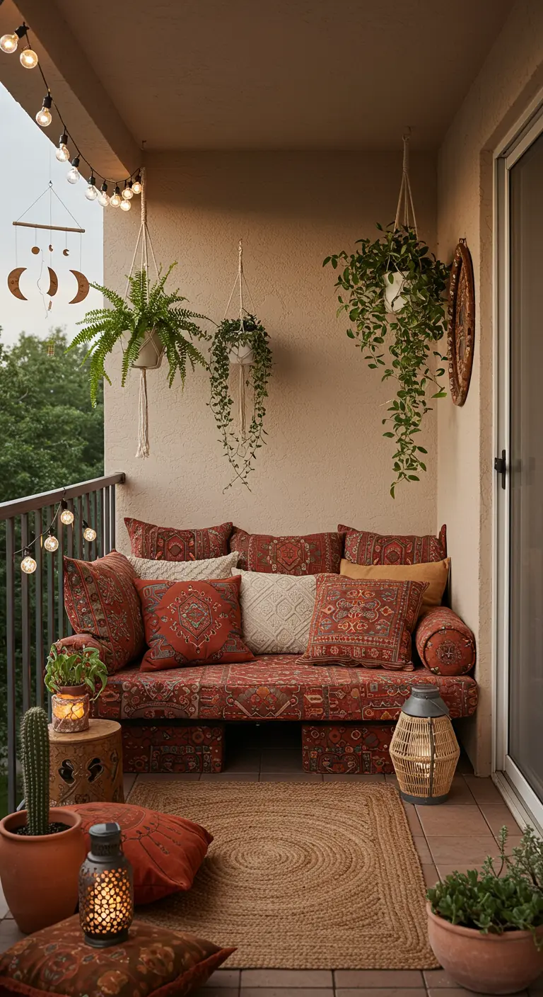 Balcon cocooning avec canapé, coussins terreux, plantes suspendues et lanternes.