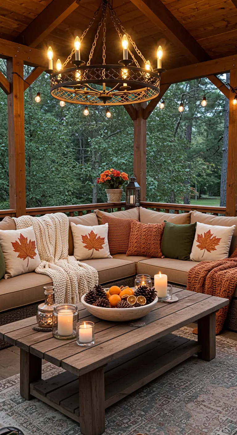 Salon d'extérieur sur patio avec canapés, coussins automnaux, bougies et lustre.